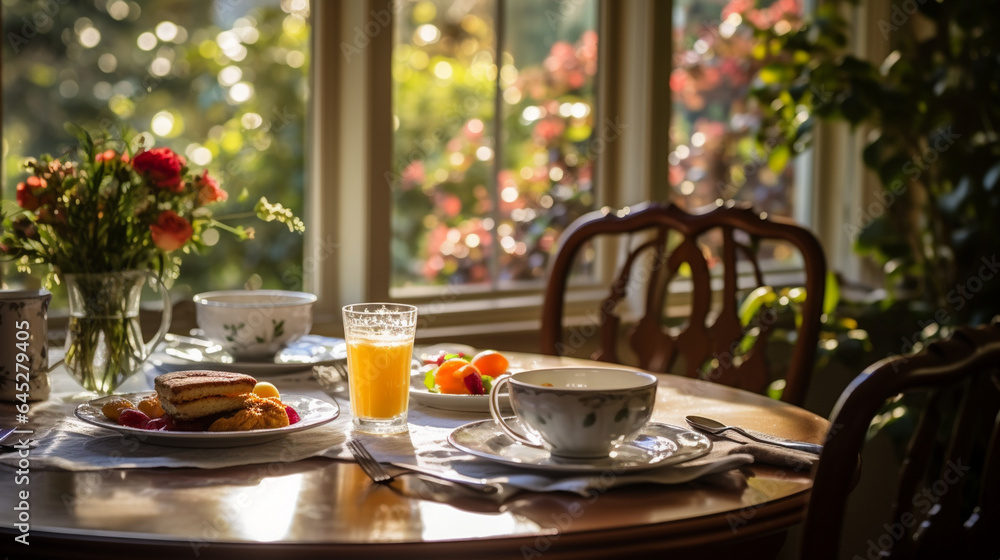 A serene scene of a Thanksgiving morning, with sunlight streaming through curtains onto a dining table set for a special holiday breakfast