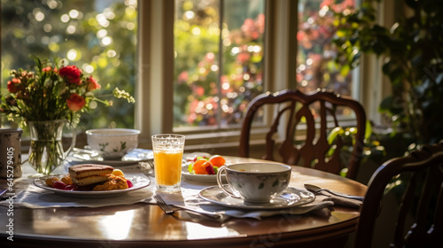 A serene scene of a Thanksgiving morning  with sunlight streaming through curtains onto a dining table set for a special holiday breakfast