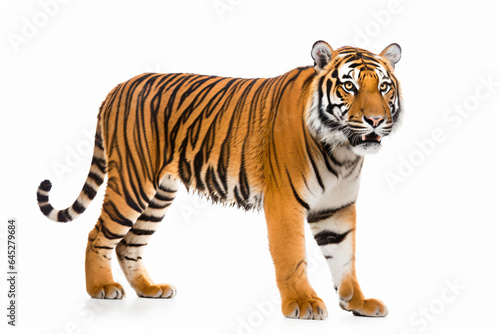 a tiger standing on a white surface
