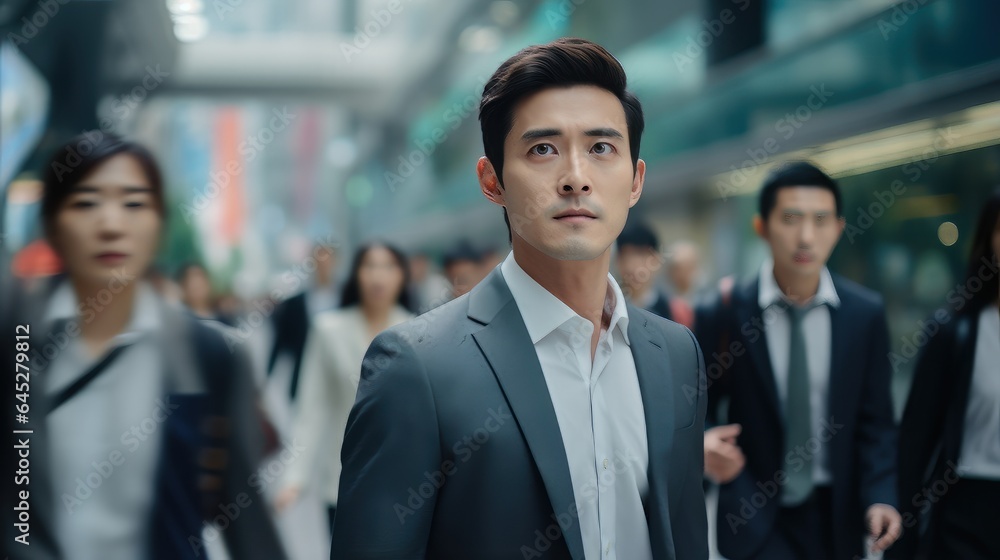 Asian Businessman Walking in Modern City, Handsome Man Walks on a Crowded Pedestrian Street, Asian Manager Surrounded by Blur People on Busy Street. Asian Businessman Walking in Modern City, Handsome Man Walks on a Crowded Pedestrian Street, Asian Manager Surrounded by Blur People on Busy Street.