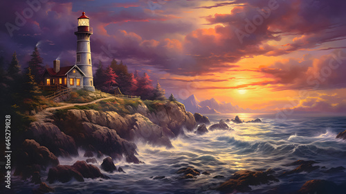 Lighthouse by the ocean at beautiful sunset seascape