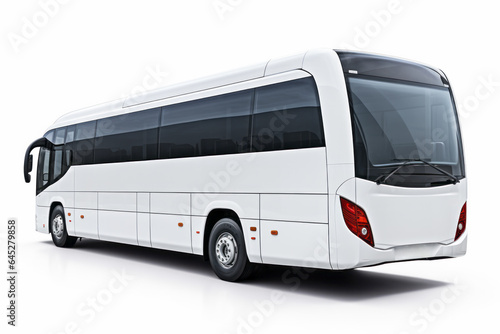 Rear half-turn view of a white intercity bus isolated on a white background photo