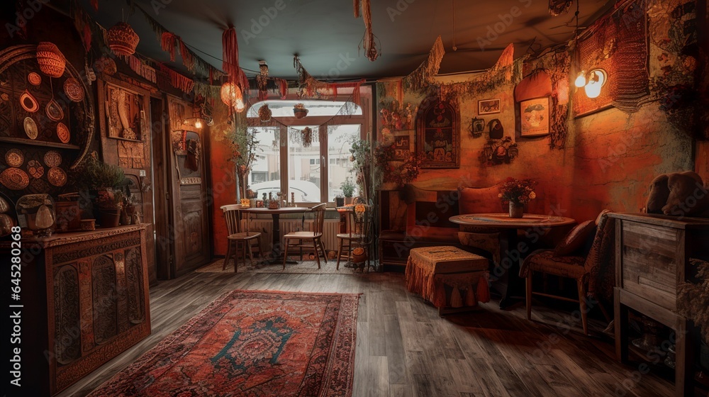 Industrial style coffee shop interior with brick walls and boho decor Industrial style coffee shop interior with brick walls and boho decor
