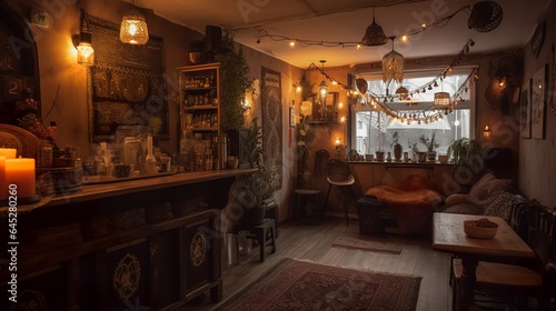 Cozy industrial-style specialty coffee house interior with warm lights 