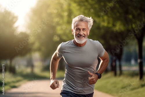 Senior Man Running for Healthy Life, Male Running Exercise in Green Nature Park.