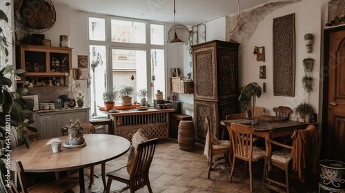 Bohemian and Scandinavian cafe interior with vintage decor 