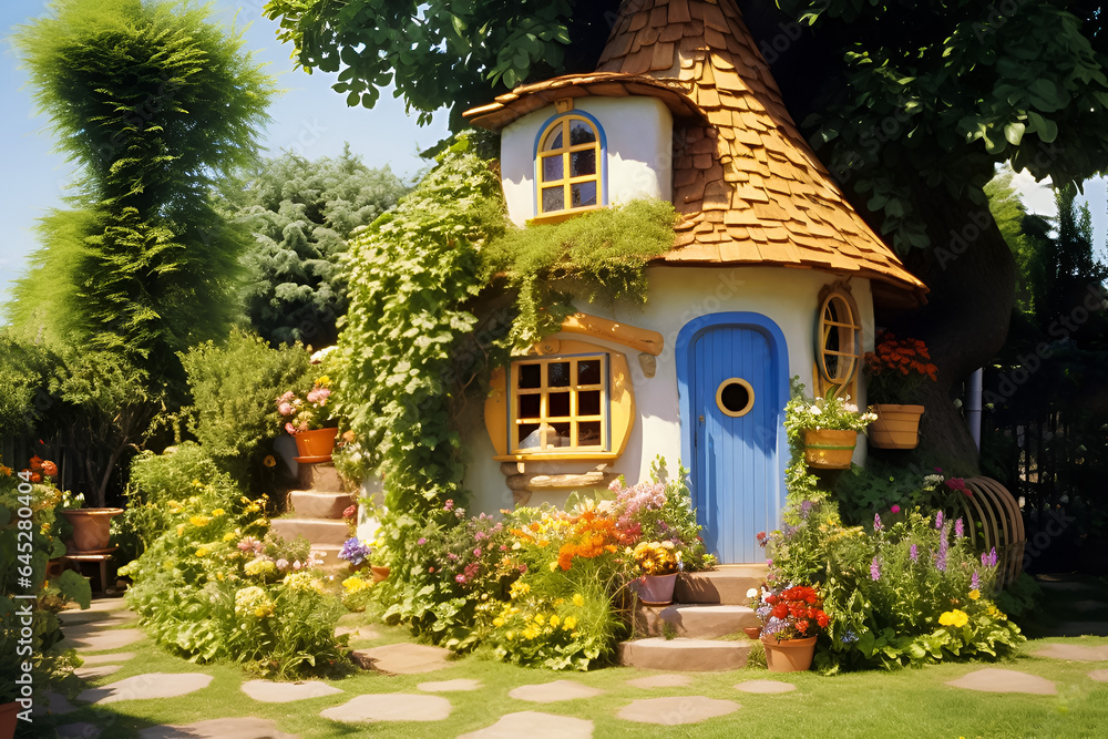 Cute fantasy house in a garden on a sunny summer day