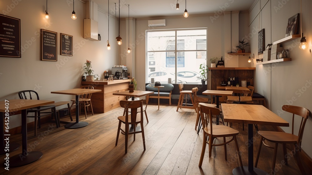 Comfy and warm specialty coffee house interior with brick walls and bright spacious room Comfy and warm specialty coffee house interior with brick walls and bright spacious room