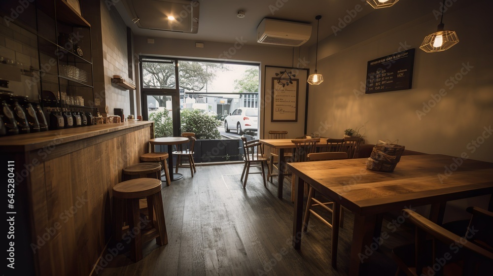 Comfy and warm specialty coffee house interior with brick walls and bright spacious room Comfy and warm specialty coffee house interior with brick walls and bright spacious room