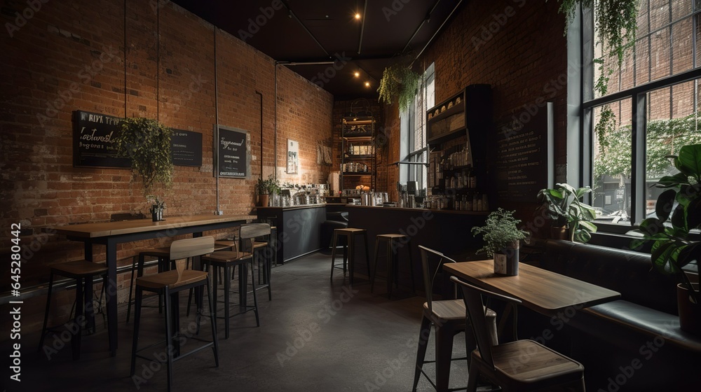 Comfy and warm specialty coffee house interior with brick walls and bright spacious room 