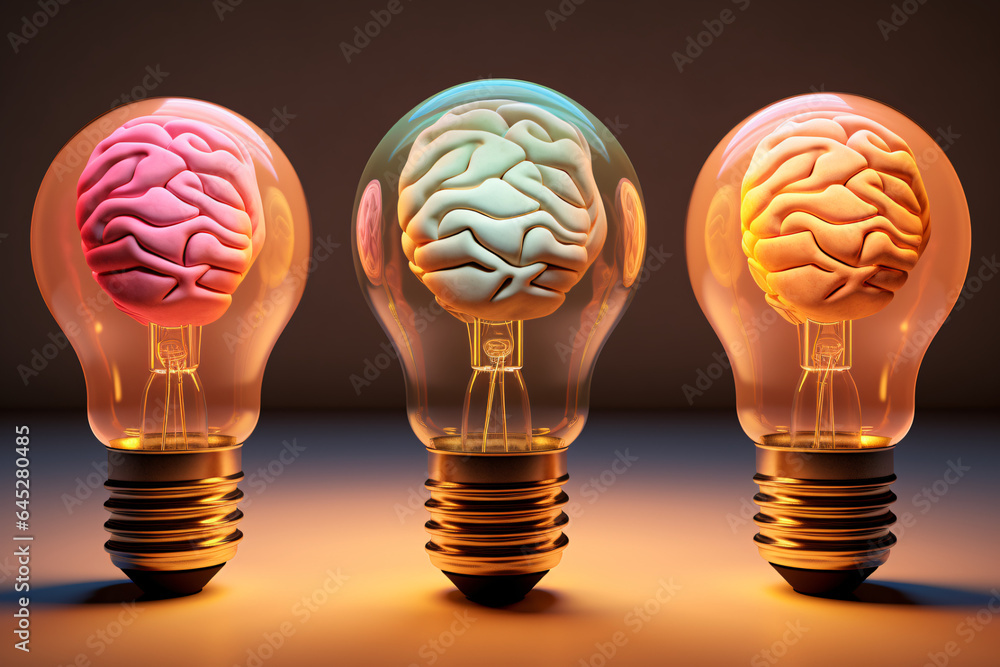 Colorful lightbulbs with brains inside represent new creative ideas and inspiration Colorful lightbulbs with brains inside represent new creative ideas and inspiration