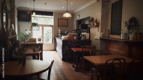 Comfy and warm specialty coffee house interior with brick walls and bright spacious room 