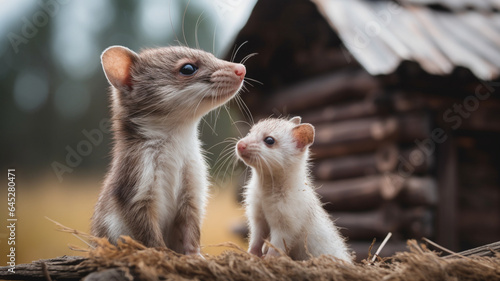 Side view, cinema lens, of a weasel with a newborn weasel cub standing near a cottage, blurred background, grunge style