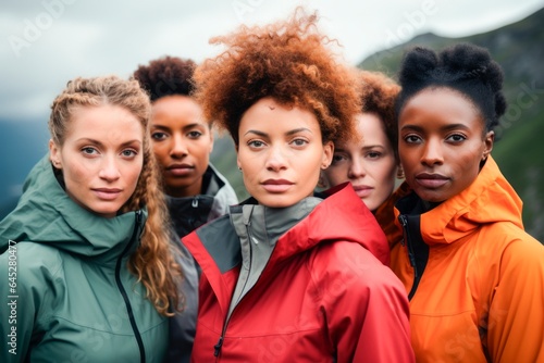 women in outdoor sport gear stand with their hands up in a mountainsid, photo