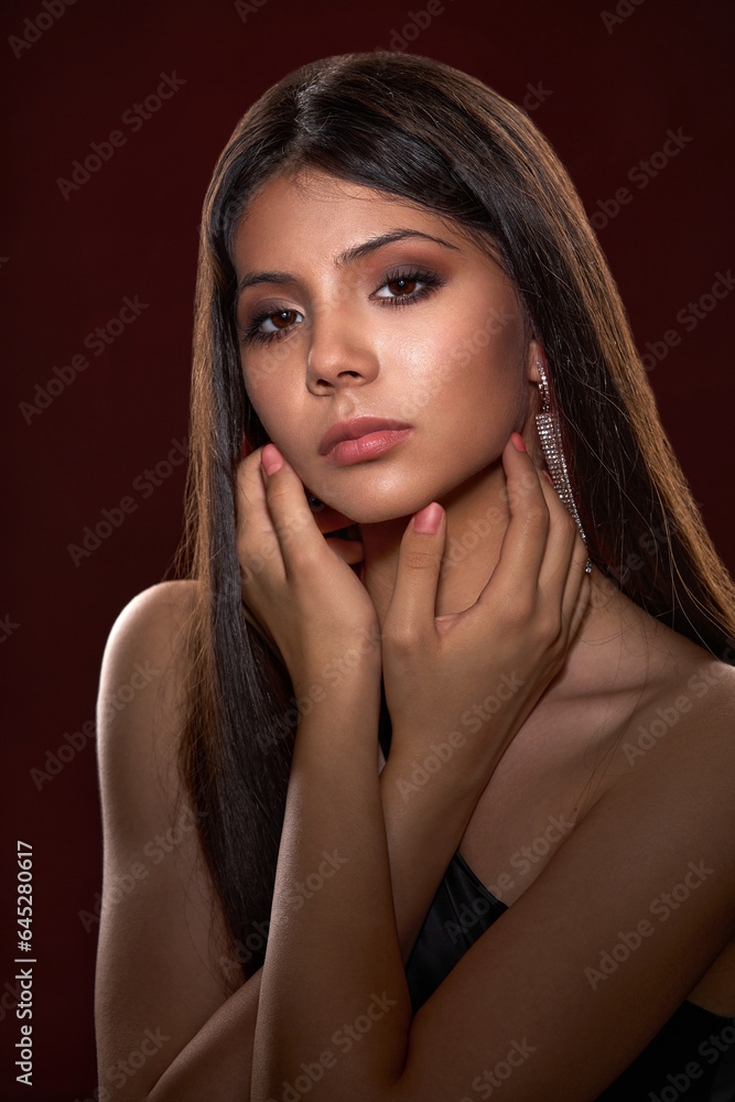 Portrait of a young brunette girl with exquisite beautiful makeup with her hands in a frame Portrait of a young brunette girl with exquisite beautiful makeup with her hands in a frame