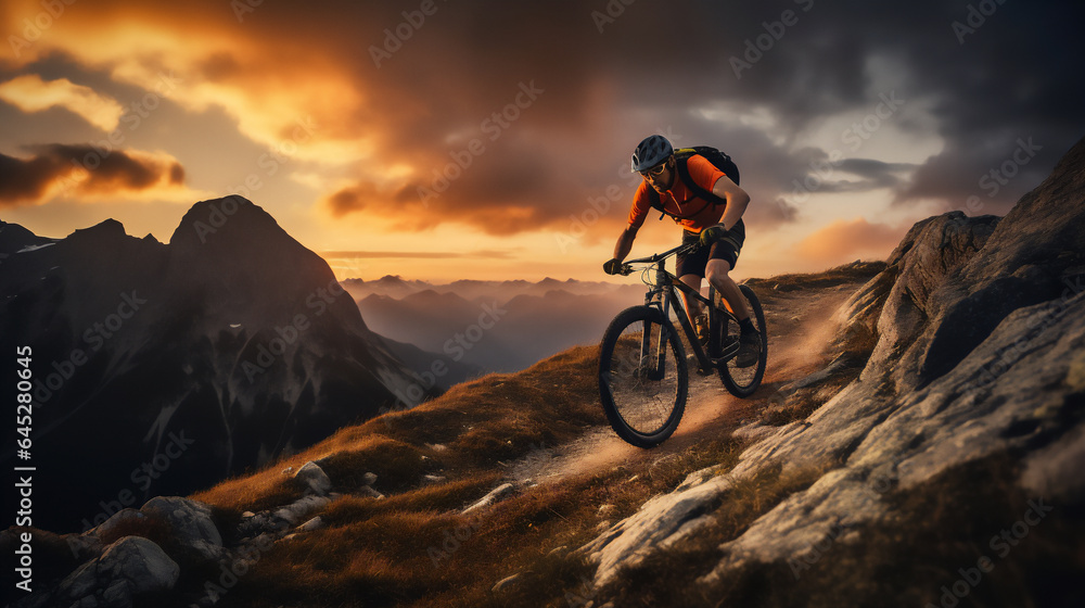 Obraz premium MountainBiker hiking on mountain. Extreme Sports and Mountain Bike photos. Ai generative.