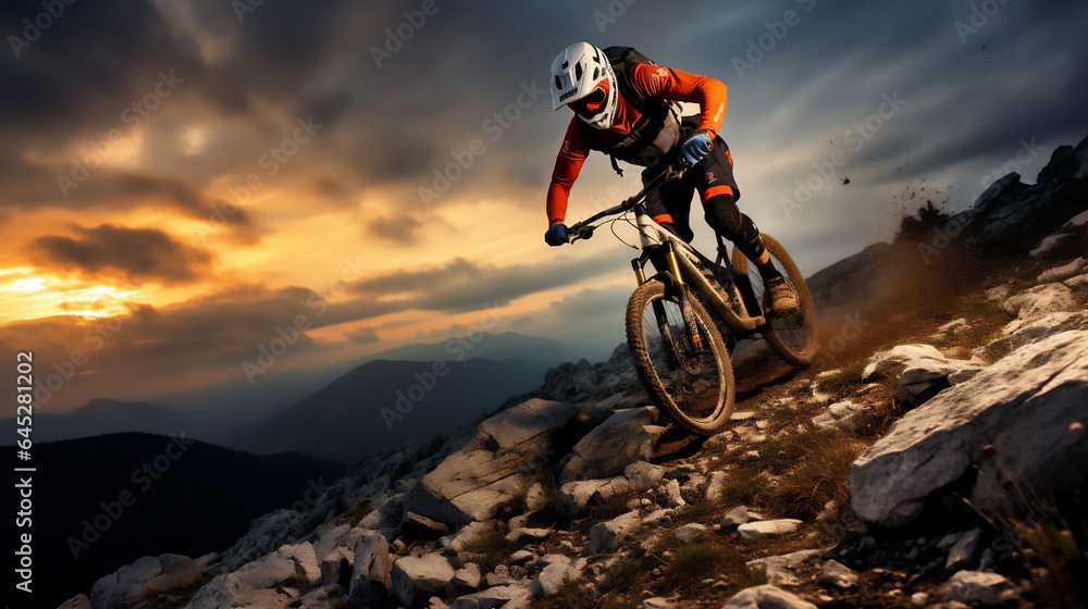 Naklejka premium MountainBiker hiking on mountain. Extreme Sports and Mountain Bike photos. Ai generative.