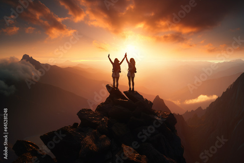 Silhouette of two women on the top of a mountain after climbing and hiking during sunset Sun in the background.. hard work and success
