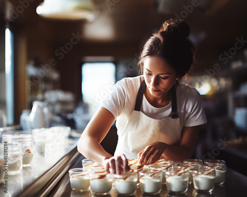 Pastry chef caucasian woman preparing and decorating cakes.