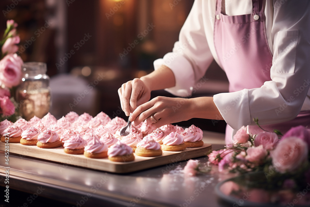 Female chef hands preparing and decorating pink cakes.