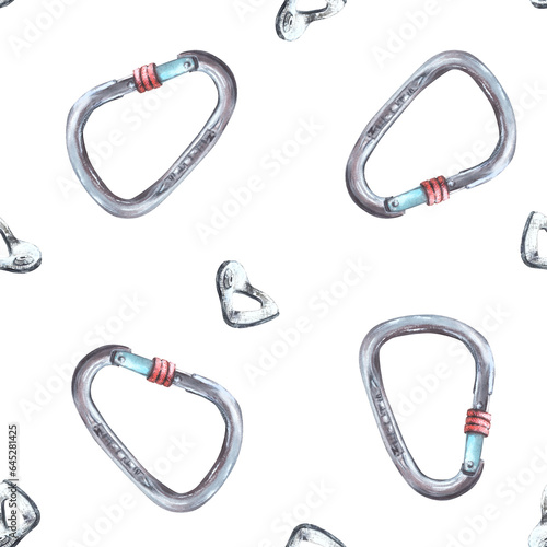 Metal sport grey climbing carabiner seamless pattern. Isolated on a white background Hand drawn illustration Boulder equipments Repeating design for wrapping paper, wallpaper, textiles packaging print