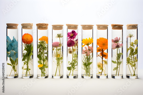 Test tubes with flowers in the laboratory. Concept of floratherapy, Bach flowers and alternative medicine