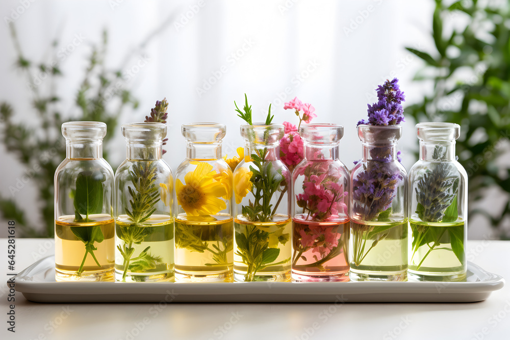Test tubes with flowers in the laboratory. Concept of floratherapy, Bach flowers and alternative medicine Test tubes with flowers in the laboratory. Concept of floratherapy, Bach flowers and alternative medicine
