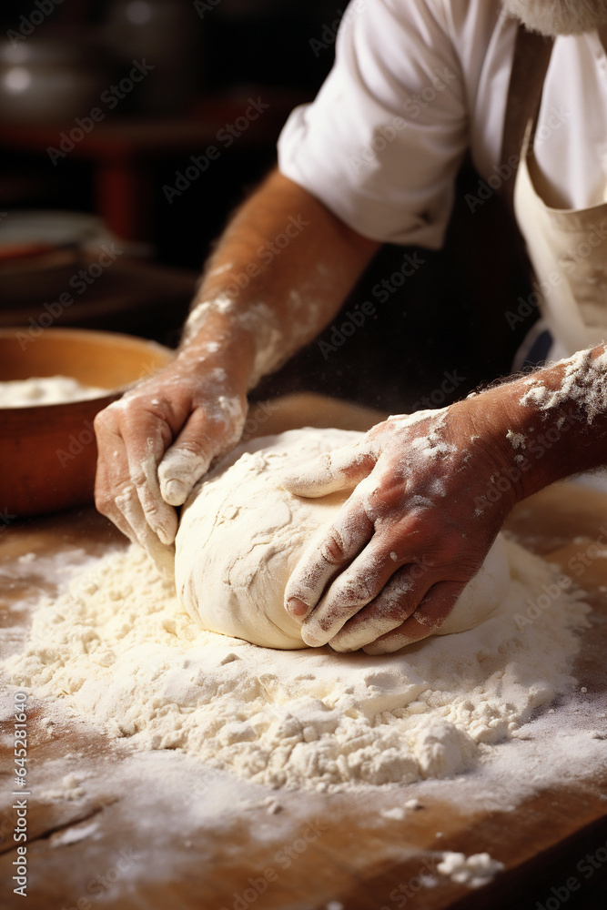 Male hands mixing and kneading dough.