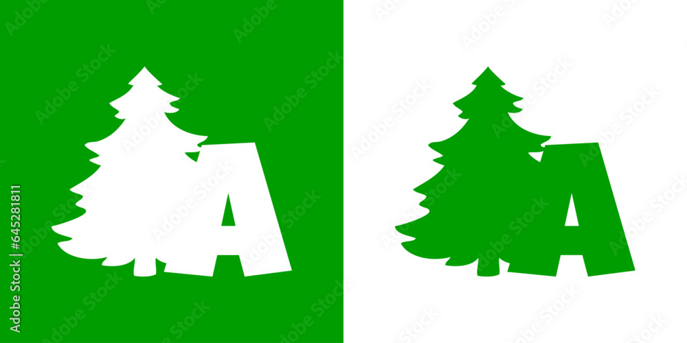 Obraz premium Tiempo de Navidad. Logo con letra inicial A con silueta de árbol de navidad tipo pino o abeto para su uso en invitaciones y felicitaciones