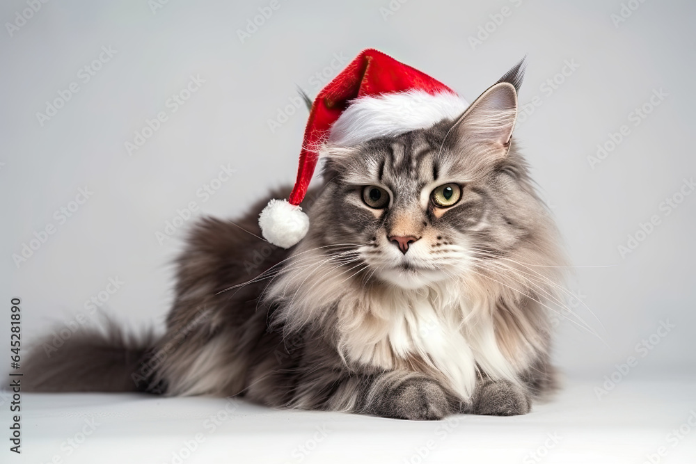Maine Coon cat dressed in Santa Claus hat, costume on white background. Season banner, poster Maine Coon cat dressed in Santa Claus hat, costume on white background. Season banner, poster