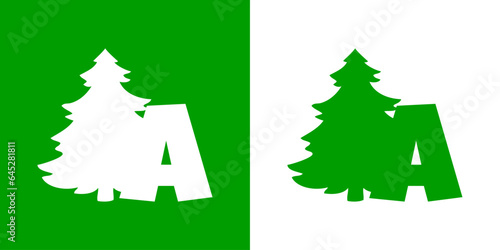 Tiempo de Navidad. Logo con letra inicial A con silueta de árbol de navidad tipo pino o abeto para su uso en invitaciones y felicitaciones