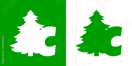Tiempo de Navidad. Logo con letra inicial C con silueta de árbol de navidad tipo pino o abeto para su uso en invitaciones y felicitaciones