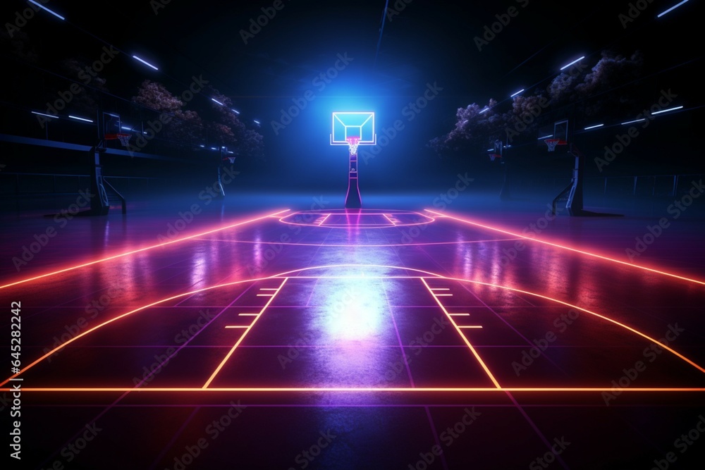 Immersive virtual sport 3D render of a neon lit basketball fields side view - obrazy, fototapety, plakaty 