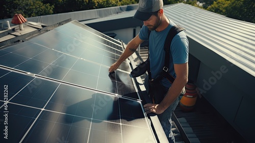 Engineer installing solar panels on a residential rooftop, emphasizing the integration of green technology in homes
