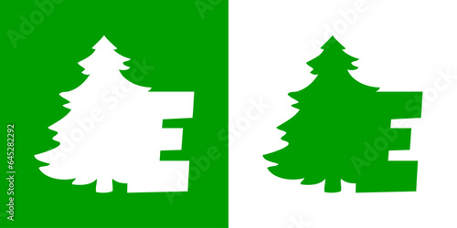 Tiempo de Navidad. Logo con letra inicial E con silueta de árbol de navidad tipo pino o abeto para su uso en invitaciones y felicitaciones