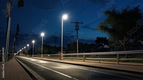 Fotografia Solar-powered streetlights lining a pathway, capturing the application of solar