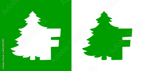 Tiempo de Navidad. Logo con letra inicial F con silueta de árbol de navidad tipo pino o abeto para su uso en invitaciones y felicitaciones