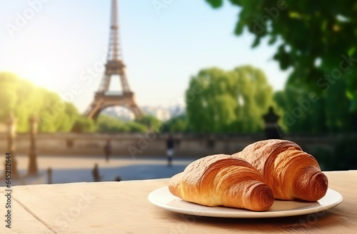 French croissants in a coffee shop with the Eiffel Tower in the background