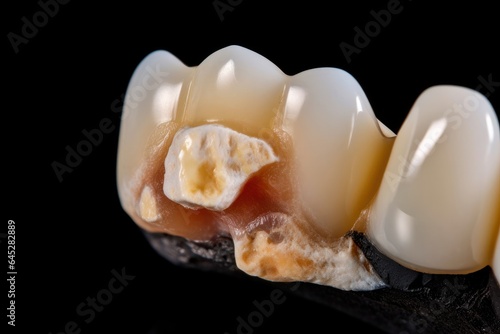 Dental office with mock-up of the teeth for a visual overview on black background, dental problems. Implant surgeon, orthopedic dentist, general dentist. Dental Filling, Tooth Filling, Cavity Filling