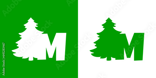 Tiempo de Navidad. Logo con letra inicial M con silueta de árbol de navidad tipo pino o abeto para su uso en invitaciones y felicitaciones