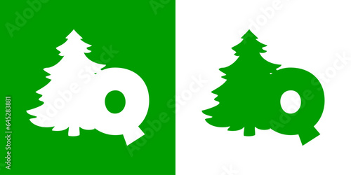 Tiempo de Navidad. Logo con letra inicial Q con silueta de árbol de navidad tipo pino o abeto para su uso en invitaciones y felicitaciones