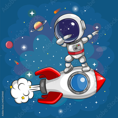 Cartoon dancing astronaut on the rocket on a space background