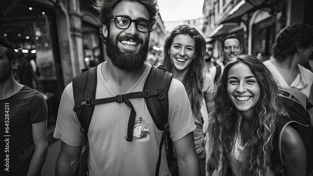 Obraz premium Friends traveling happy people smiling lifestyle black and white color