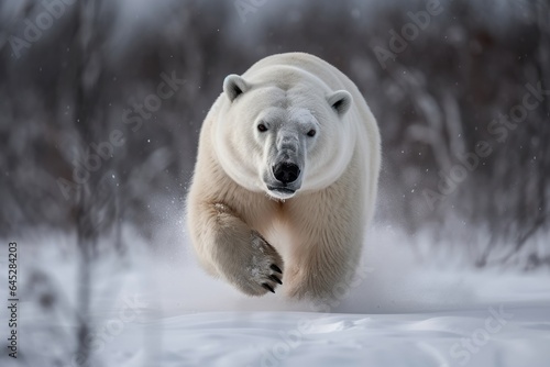 polar bear running in winter forest. arctic wildlife. Danger animal in nature. IUCN Red List © Александр Ткачук