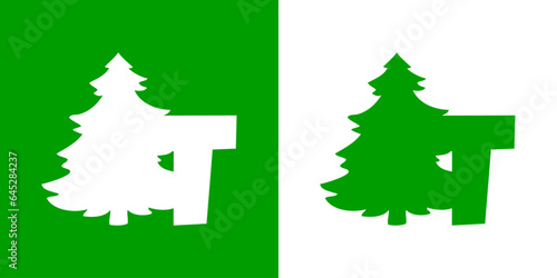 Tiempo de Navidad. Logo con letra inicial T con silueta de árbol de navidad tipo pino o abeto para su uso en invitaciones y felicitaciones