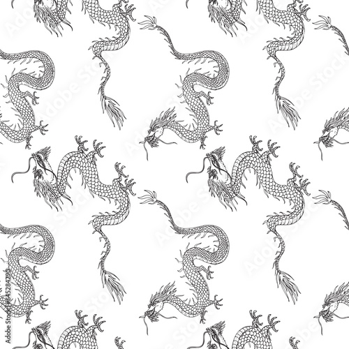 Dragons seamless pattern repeating background east ornament. Hand drawn animals vector illustration, decorative asian element for print, textile,wrapping, poster, template, card, packaging, design