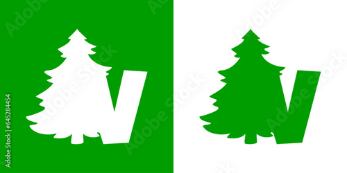 Tiempo de Navidad. Logo con letra inicial V con silueta de árbol de navidad tipo pino o abeto para su uso en invitaciones y felicitaciones
