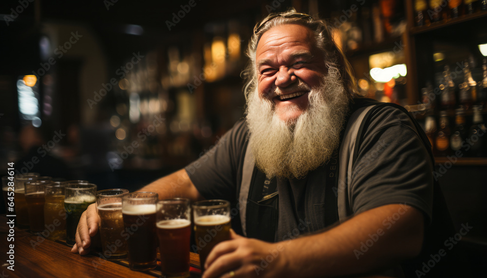 overweight bar tender standing behind the bar in a pub,One beer glass on the bar,hands on head.generative ai overweight bar tender standing behind the bar in a pub,One beer glass on the bar,hands on head.generative ai