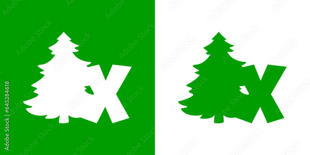 Obraz premium Tiempo de Navidad. Logo con letra inicial X con silueta de árbol de navidad tipo pino o abeto para su uso en invitaciones y felicitaciones