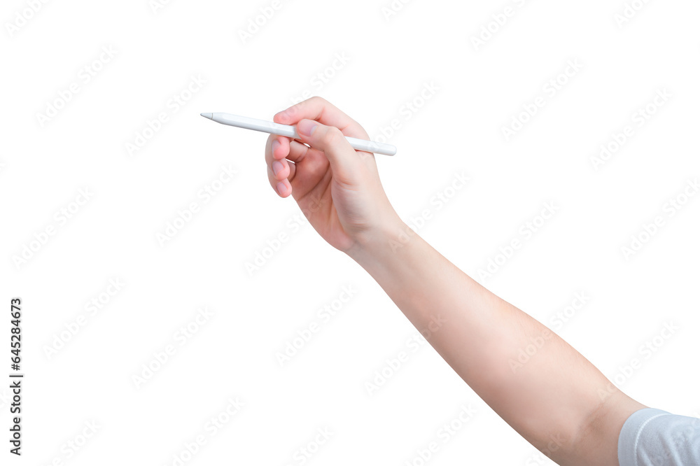 Hand holding white stylus pen isolated on white background. Hand holding white stylus pen isolated on white background.